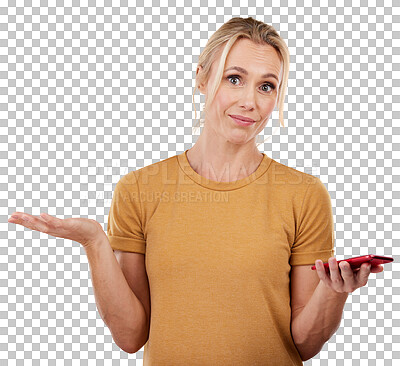 Buy stock photo Woman, portrait and cellphone confused or question, isolated on transparent png background. Female person, palm and mobile for internet notification or text message wonder, alert or problem email