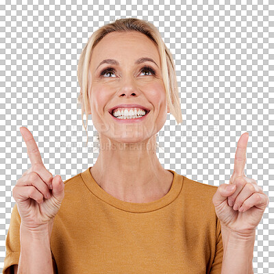 Buy stock photo Presentation, happy woman or pointing up to offer, announcement or advertising ideas. Transparent, png background or person showing marketing of promotion, information or commercial news for review