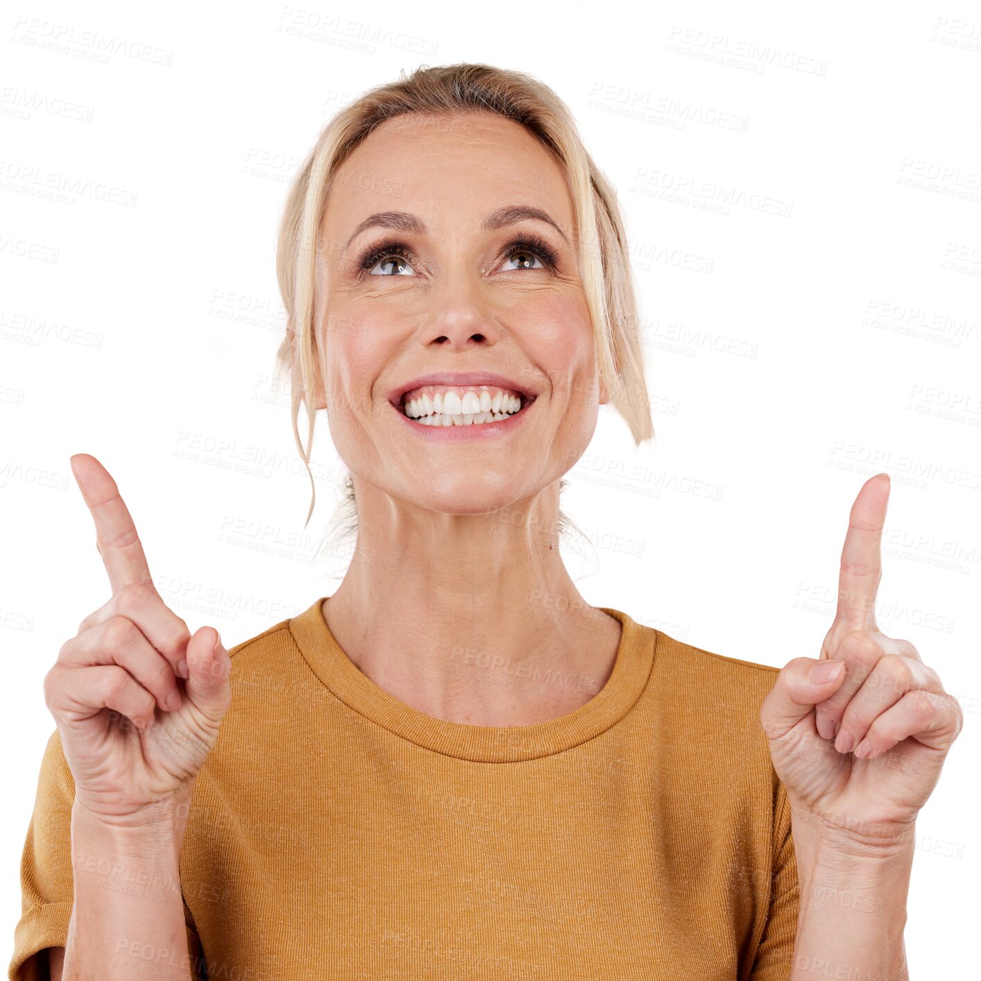 Buy stock photo Presentation, happy woman or pointing up to offer, announcement or advertising ideas. Transparent, png background or person showing marketing of promotion, information or commercial news for review