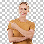 Pointing, portrait and woman on pink background, mockup studio offer and advertising color space. Happy female model, marketing and promotion of product placement, announcement and commercial mock up