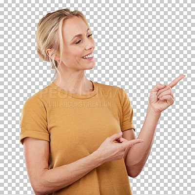 Buy stock photo Mockup, happy woman or pointing to offer, announcement or advertising space on png background. Transparent, smile or product placement marketing of promotion, service or commercial ideas for review