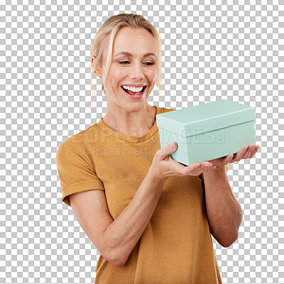 Gift, box and woman in studio with smile, pink background and package. Happy female model, present and surprise for birthday celebration, excited giveaway and promotion product to celebrate happiness