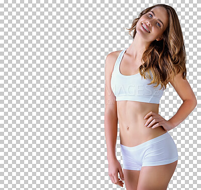 Buy stock photo Portrait, confidence and body of happy woman in underwear isolated on a transparent png background. Smile, person in bra and hand on hip, natural beauty and health, wellness and slim figure in Spain