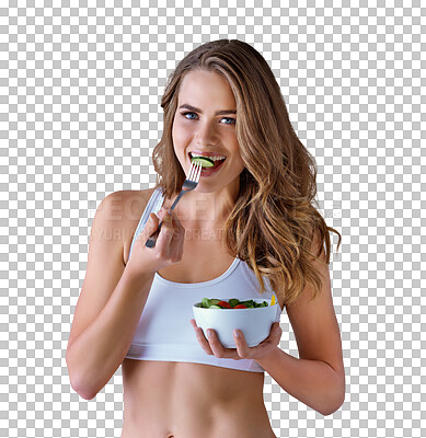 Buy stock photo Happy woman, portrait and eating bowl of salad for diet or natural nutrition isolated on a transparent PNG background. Female person or model smile with organic vegetables for health and wellness