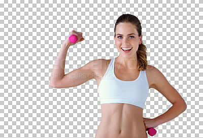 Buy stock photo Portrait, fitness and dumbbells with a woman in underwear isolated on a transparent background for wellness. Smile, workout or weight loss with a happy young person on PNG for exercise or training