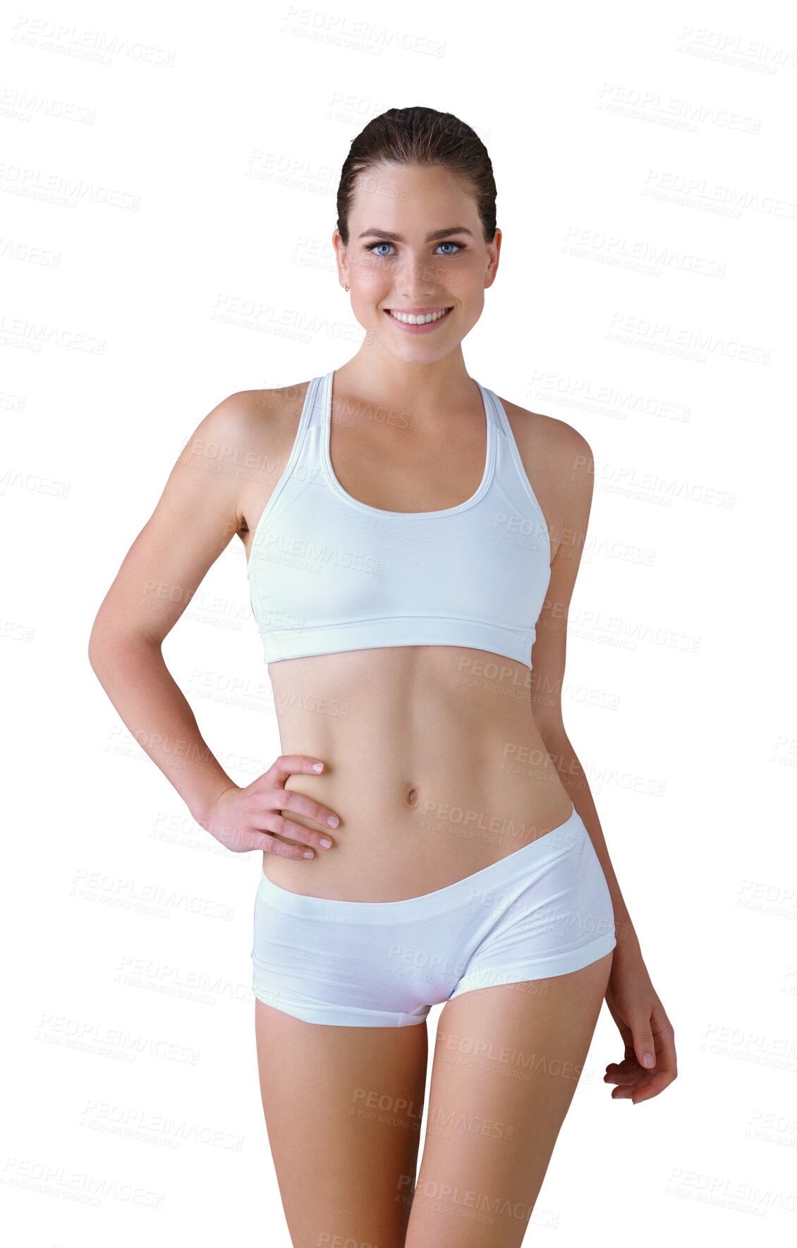 Buy stock photo Portrait, confidence and body of woman in underwear isolated on a transparent png background. Smile, person in bra and hand on hip, natural beauty or health, wellness for care or slim figure in Spain