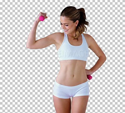 Buy stock photo Happy woman, dumbbell and underwear for workout, health or fitness for muscle .Person, smile or strength training with weights for endurance in body building on isolated or transparent png background