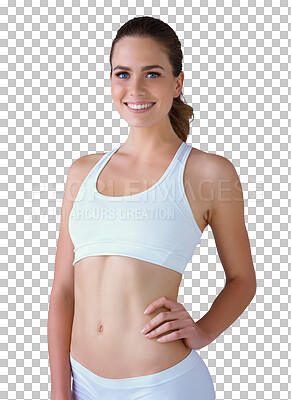 Buy stock photo Portrait, smile and body of confident woman in underwear isolated on a transparent png background. Happy person in clothes and hand on hip, trendy fashion and beauty, health and wellness in Spain