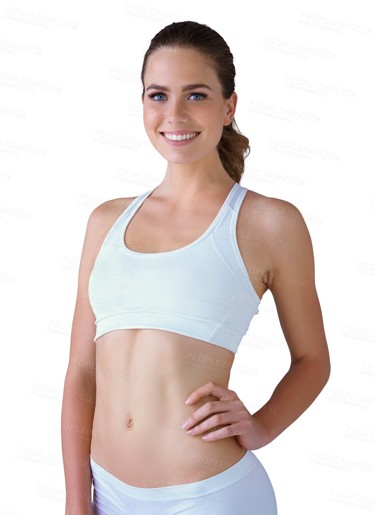 Buy stock photo Portrait, smile and body of confident woman in underwear isolated on a transparent png background. Happy person in clothes and hand on hip, trendy fashion and beauty, health and wellness in Spain