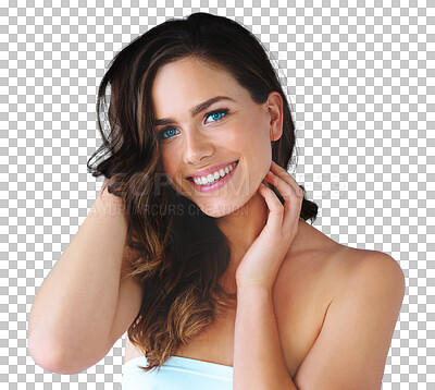 Buy stock photo Woman, portrait and happy with beauty for hair care, cosmetic or treatment with shine, glow and growth. Person, face and smile with hairstyle and skincare isolated on a png transparent background