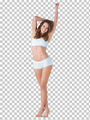 Buy stock photo Portrait, weight loss and body with a woman in underwear isolated on a transparent background for wellness. Smile, health or diet with a happy young person stretching on PNG for fitness or nutrition