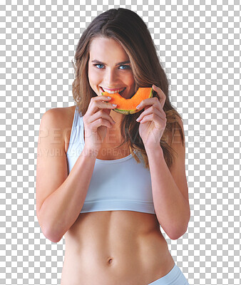 Buy stock photo Portrait, health and melon with a woman in underwear isolated on a transparent background for wellness. Smile, weight loss or diet with a happy young person eating sweet fruit on PNG for nutrition