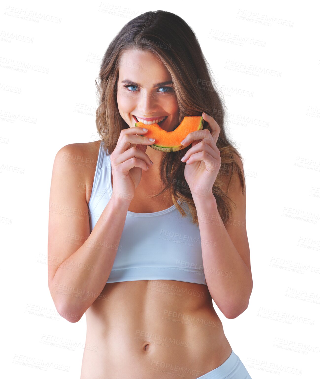 Buy stock photo Portrait, health and melon with a woman in underwear isolated on a transparent background for wellness. Smile, weight loss or diet with a happy young person eating sweet fruit on PNG for nutrition