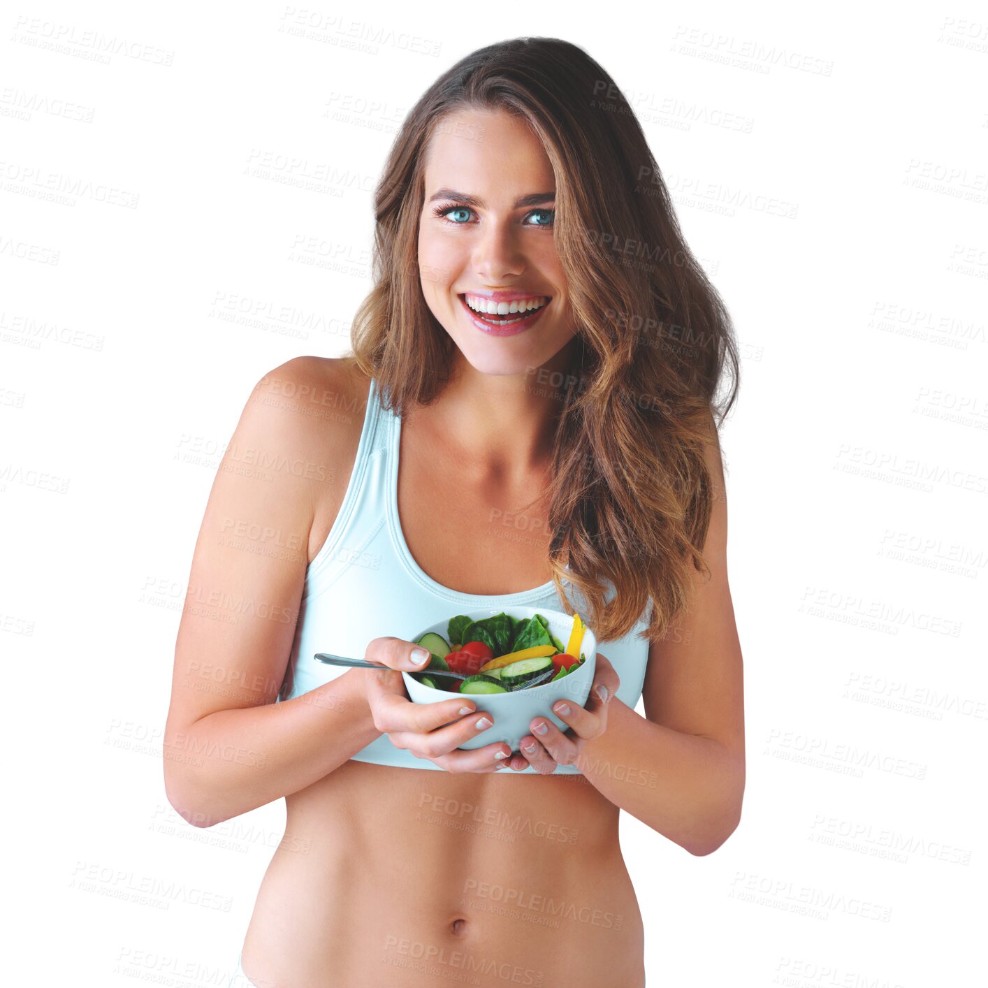 Buy stock photo Portrait, smile and salad for health with a woman with vegetables isolated on transparent background for wellness. Food, weight loss and diet with a happy young person on PNG for fitness or nutrition