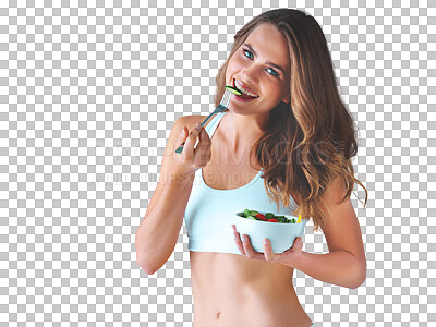 Buy stock photo Portrait, salad and eating with a natural woman in underwear isolated on a transparent background for wellness. Smile, weight loss and organic food with a happy young person on PNG for nutrition