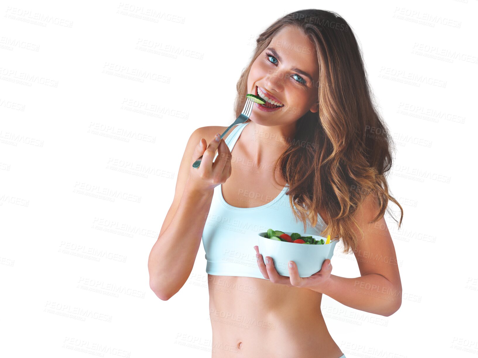 Buy stock photo Portrait, salad and eating with a natural woman in underwear isolated on a transparent background for wellness. Smile, weight loss and organic food with a happy young person on PNG for nutrition