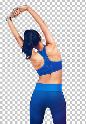 Buy stock photo Woman, back and stretching for workout or training isolated on a transparent PNG background. Rear view of female person, athlete or model in body warm up or arm muscle getting ready for exercise