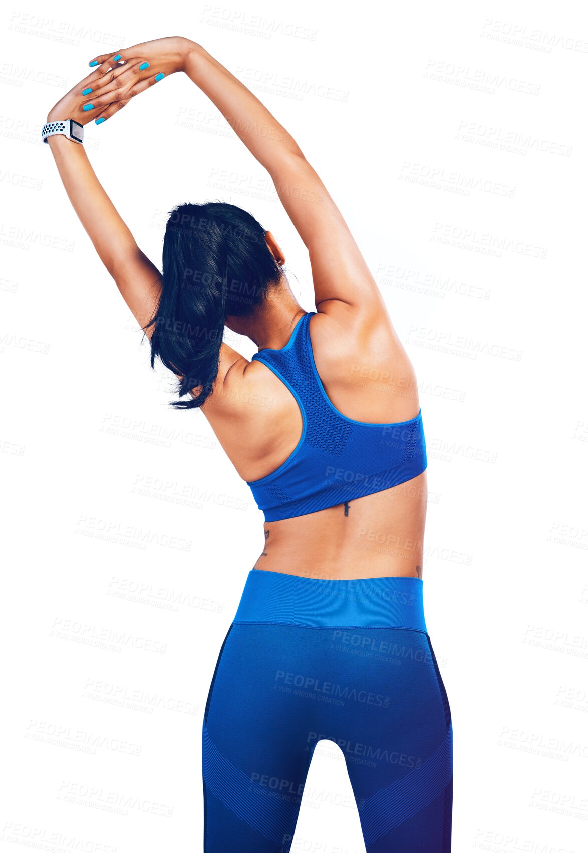 Buy stock photo Woman, back and stretching for workout or training isolated on a transparent PNG background. Rear view of female person, athlete or model in body warm up or arm muscle getting ready for exercise