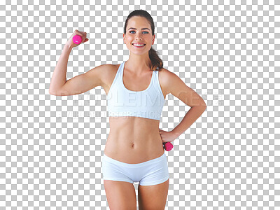 Buy stock photo Portrait, fitness and dumbbells with a woman in underwear isolated on a transparent background for wellness. Smile, exercise or training with a happy young person on PNG for a weightlifting workout