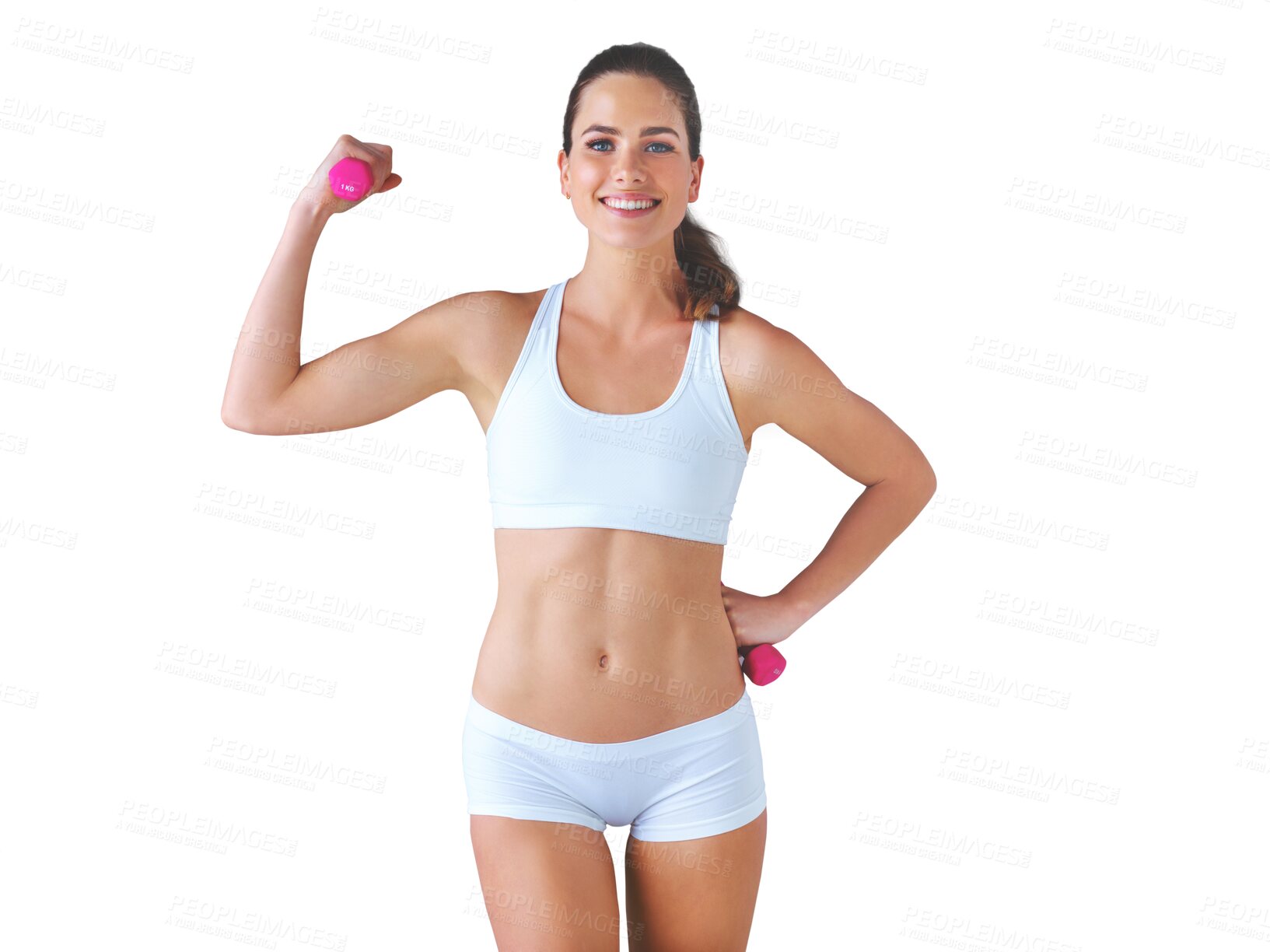 Buy stock photo Portrait, fitness and dumbbells with a woman in underwear isolated on a transparent background for wellness. Smile, exercise or training with a happy young person on PNG for a weightlifting workout