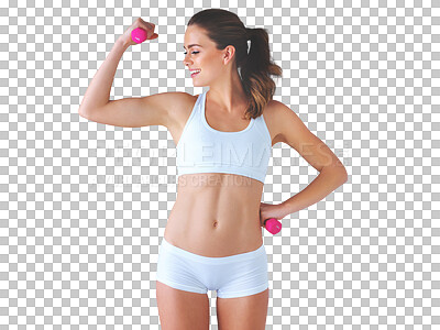 Buy stock photo Happy woman, dumbbell and underwear for training, health or fitness in strength. Person, smile or workout with weights for endurance, muscle or body building on isolated or transparent png background