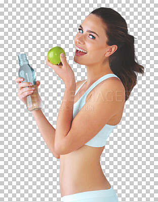 Buy stock photo Portrait, water and happy with a natural woman in underwear isolated on a transparent background for wellness. Smile, health or weightloss with fitness young person eating fruit on PNG for a diet