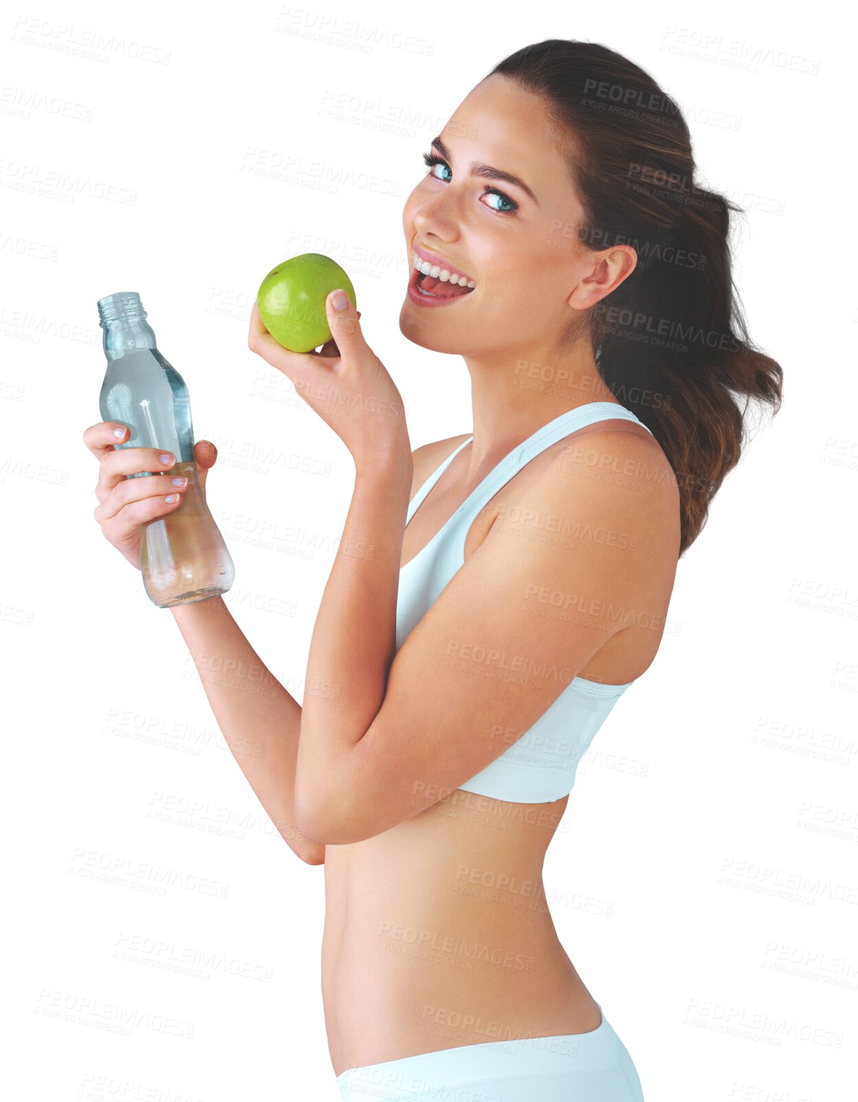 Buy stock photo Portrait, water and happy with a natural woman in underwear isolated on a transparent background for wellness. Smile, health or weightloss with fitness young person eating fruit on PNG for a diet