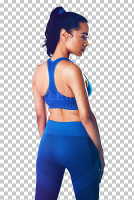 Buy stock photo Woman, back view and sportswear for body health or runner wellness, challenge or isolated on transparent png background. Female person, athlete and training for strong muscle, yoga or fitness