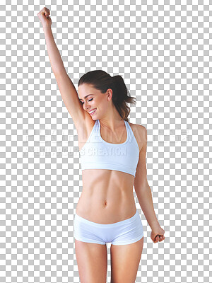 Buy stock photo Woman, hand and underwear dancing or health body or wellness celebrate, isolated on transparent png. Female person, arm or happy smile in lingerie or fit for strong exercise or muscle success