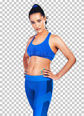 Buy stock photo Sports, portrait and woman with confidence isolated on transparent png background with health, pride and exercise. Wellness, workout and healthy girl athlete with fitness, commitment and body care.