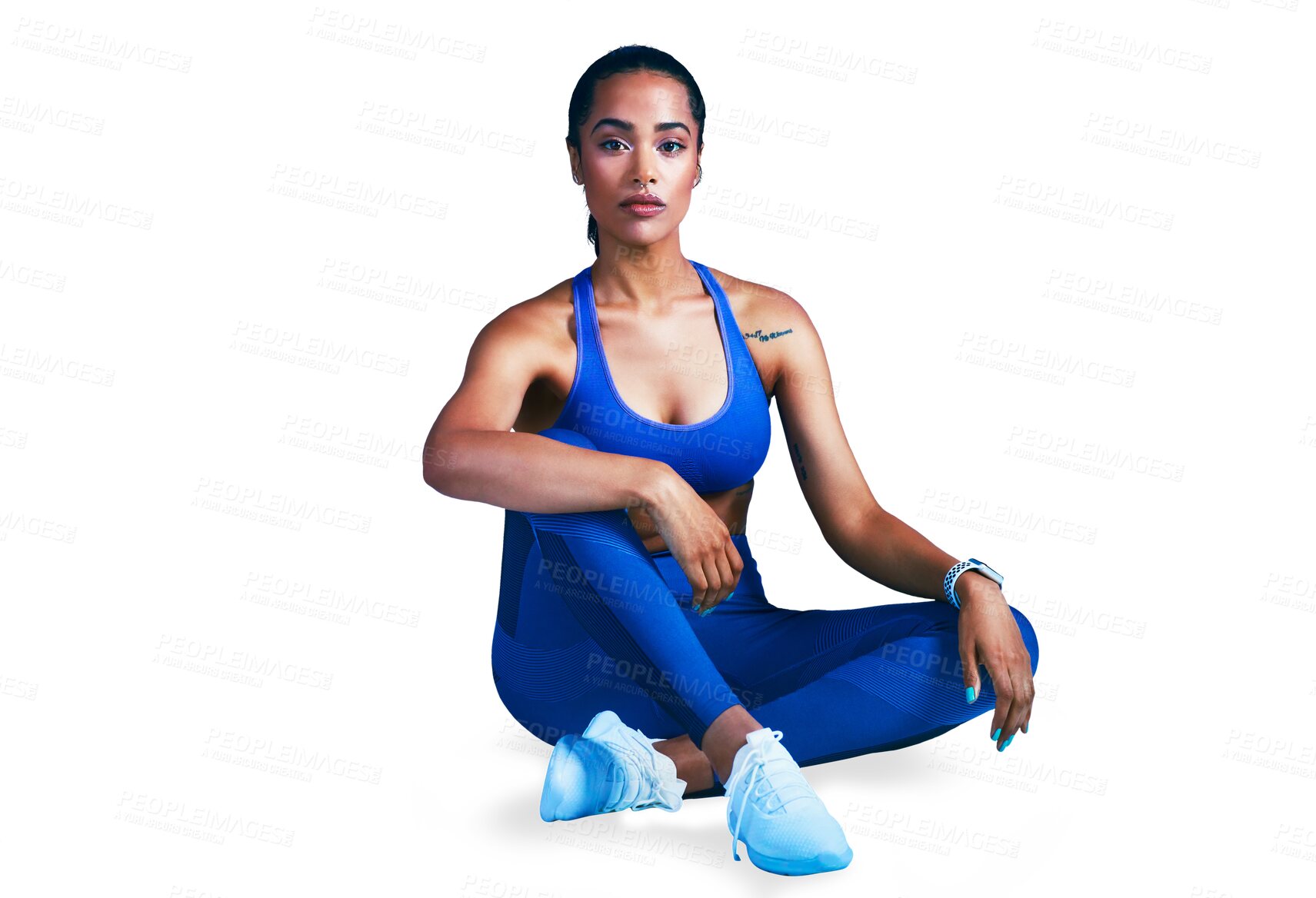 Buy stock photo Fitness, sitting and portrait of woman isolated on transparent png background with confidence, pride and gym. Wellness, workout and body care, girl athlete on floor with power, commitment and relax.