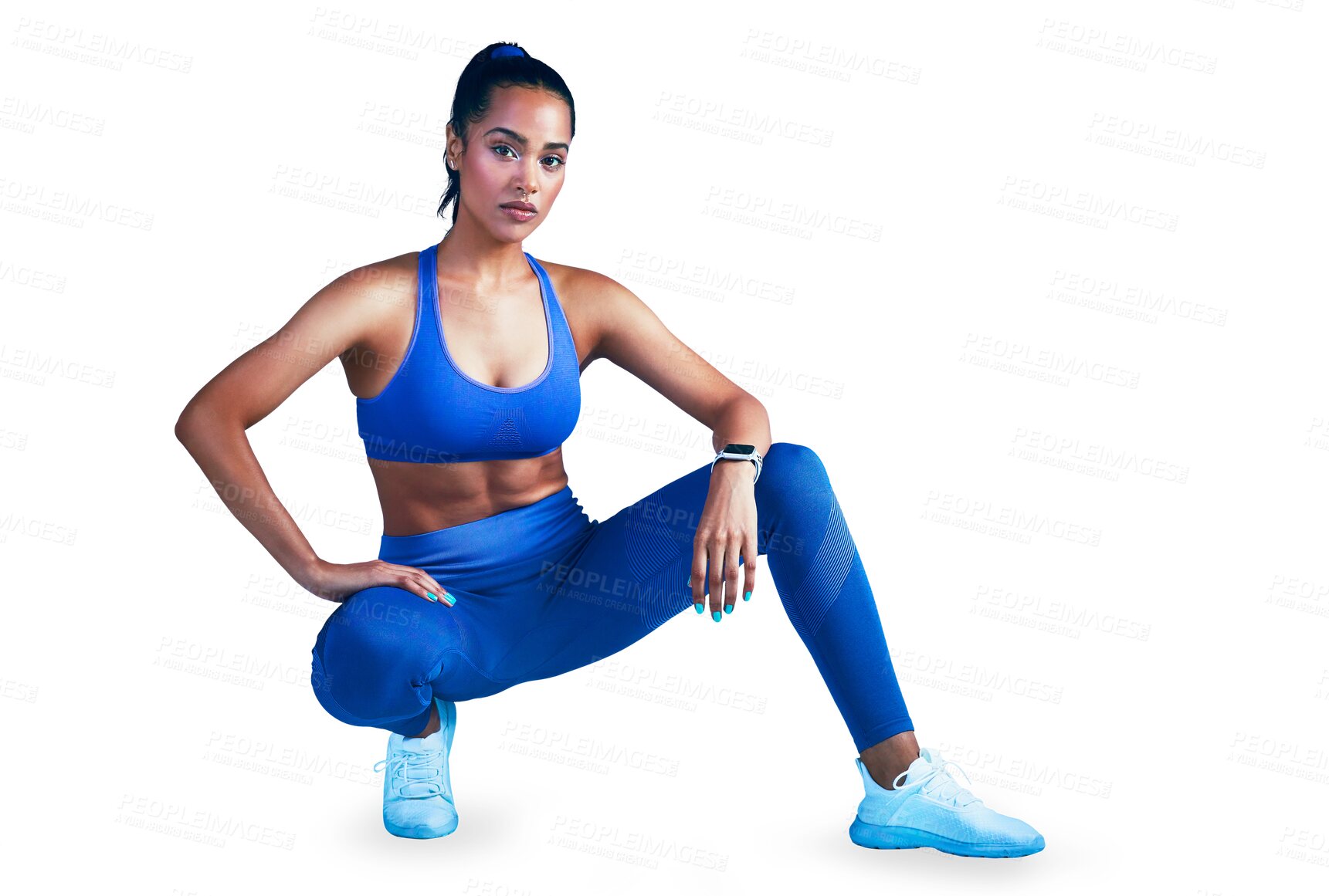 Buy stock photo Woman, portrait and serious for fitness, exercise performance or workout isolated on transparent png background. Strong athlete, sportswear fashion and healthy training for challenge, energy or power