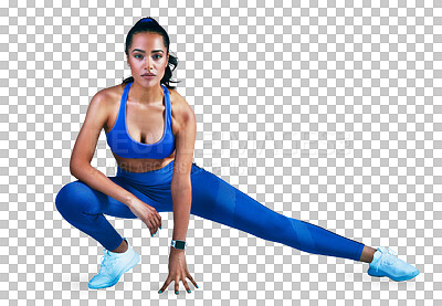 Buy stock photo Woman, portrait and lunge exercise for stretching, healthy performance or workout isolated on transparent png background. Serious athlete, hamstring and flexible legs for training, sports and fitness