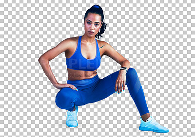 Buy stock photo Woman, portrait and sports fashion for fitness, workout or exercise isolated on a transparent PNG background. Serious or active female person, athlete or model posing in sportswear for gym training