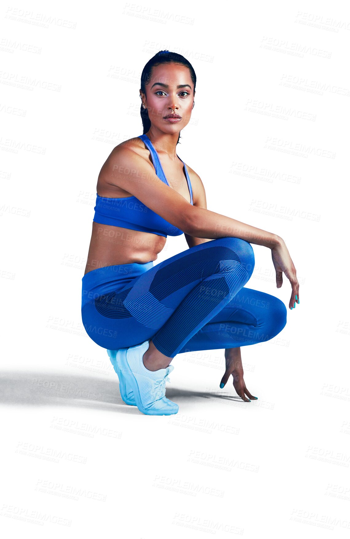 Buy stock photo Woman, portrait and sport fashion for fitness, workout or exercise isolated on a transparent PNG background. Serious or active female person, athlete or model posing in sportswear for gym training