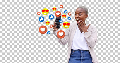 Buy stock photo Black woman, surprise or phone emojis notification for communication isolated on png background. Omg, transparent or shocked African person on social media mobile app for text, news or gossip 