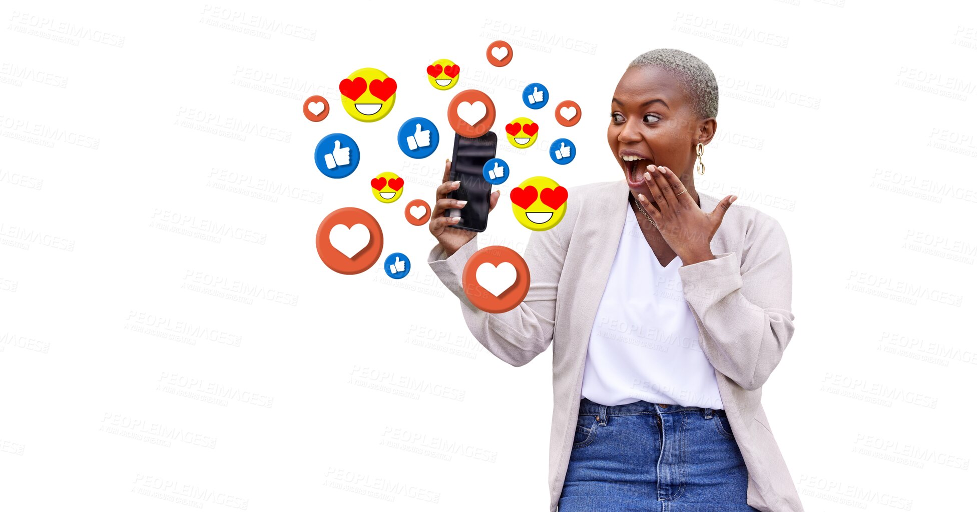 Buy stock photo Black woman, surprise or phone emojis notification for communication isolated on png background. Omg, transparent or shocked African person on social media mobile app for text, news or gossip 