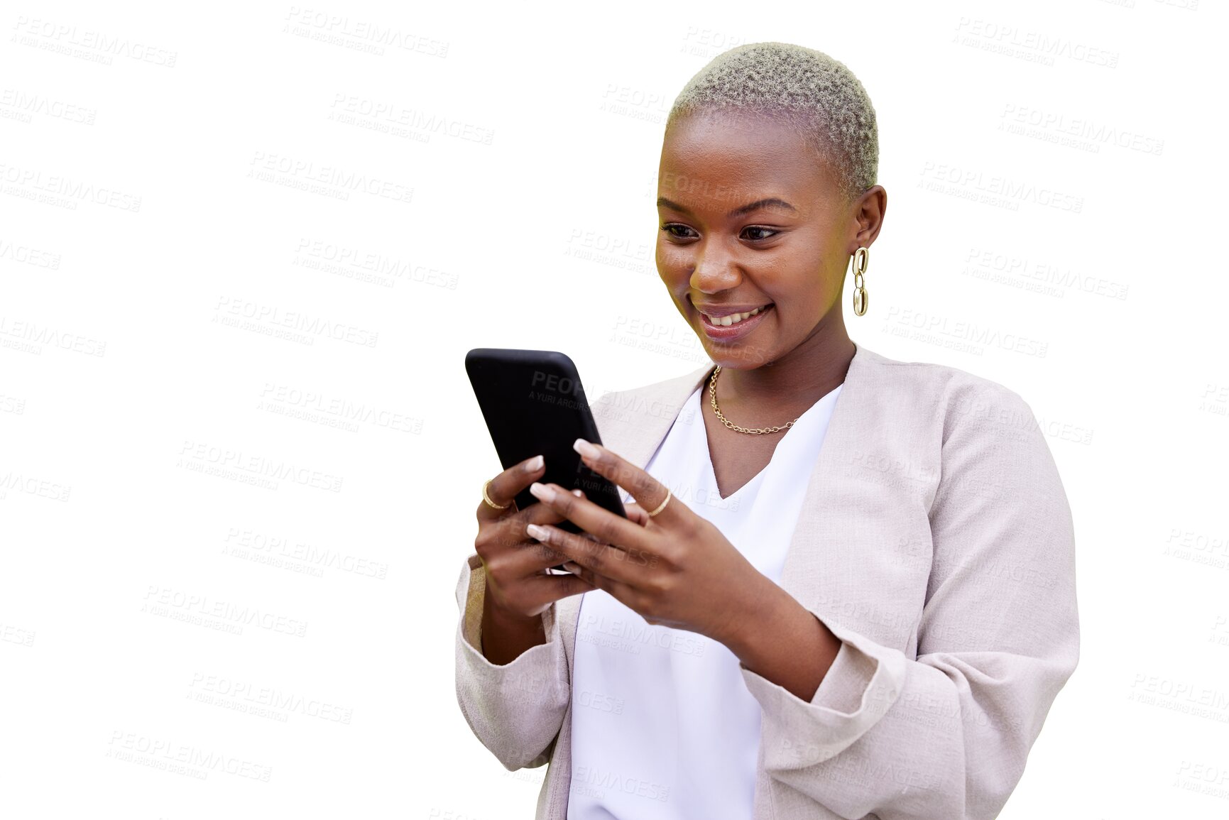 Buy stock photo Isolated business woman, phone and reading with smile, networking and texting by transparent png background. African entrepreneur, smartphone and thinking for vision, ideas or contact on social media