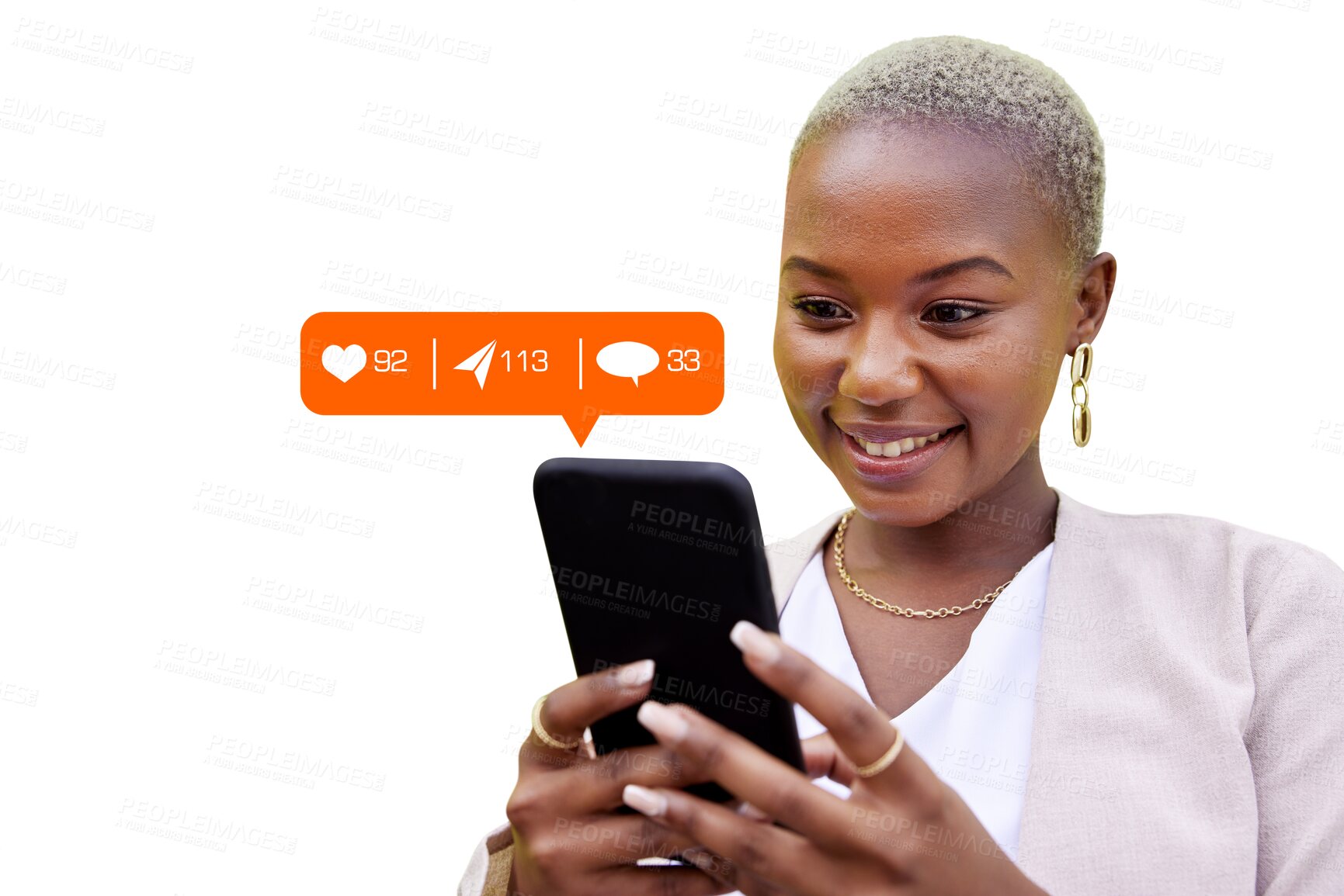 Buy stock photo Black woman, happy or phone notification icon for communication isolated on png background. Smile, transparent or African person networking on a mobile app to chat on social media for news or message