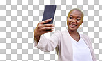 Young African woman, selfie and wall with smile, excited face an