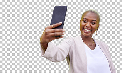 Buy stock photo Photography, business and black woman with a smile, selfie and accountant isolated on transparent background. African person, employee or financial consultant with smartphone, profile picture or png