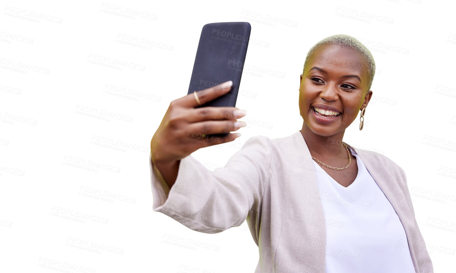 Buy stock photo Photography, business and black woman with a smile, selfie and accountant isolated on transparent background. African person, employee or financial consultant with smartphone, profile picture or png