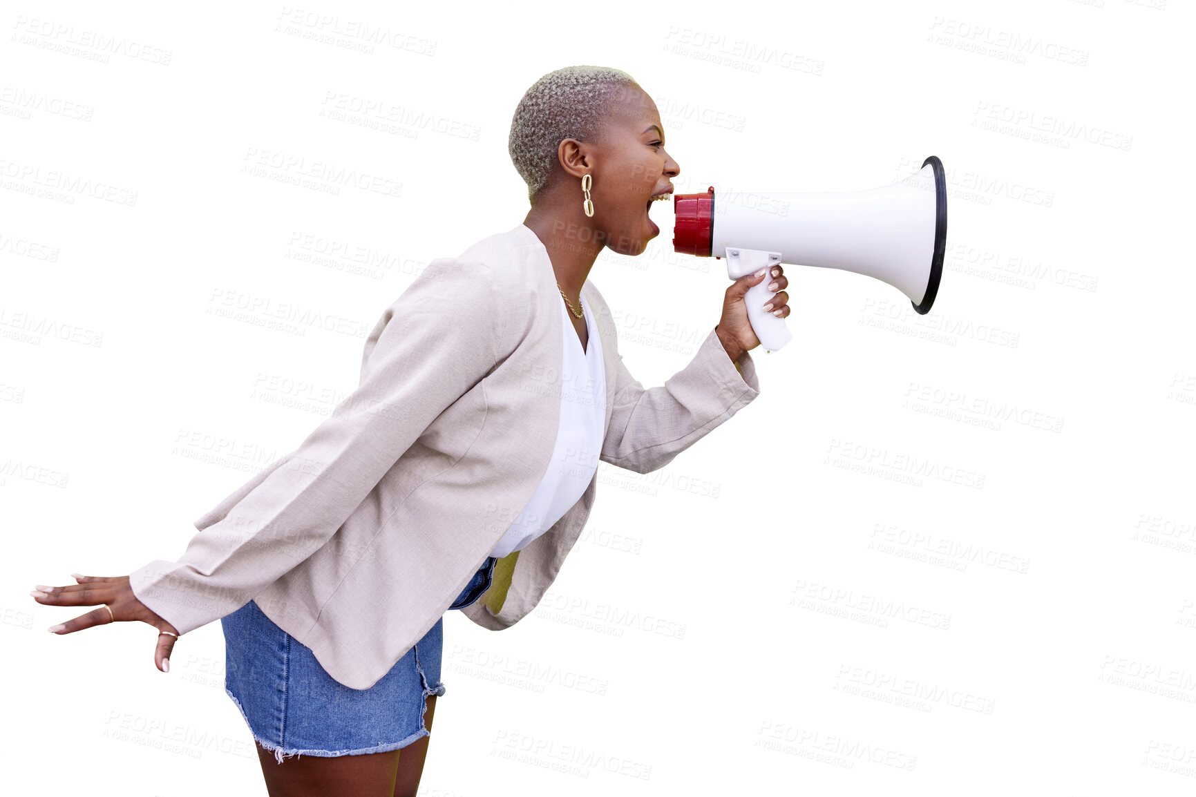 Buy stock photo Black woman, megaphone and voice with protest isolated on transparent png background with opinion. Noise, communication and announcement, girl with loudspeaker for propaganda, sound or screaming.