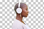 Music headphones, profile and black woman listening on green wal