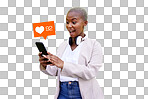 Surprise, black woman and phone heart icon, social network emoji