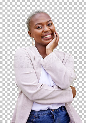 Buy stock photo Business, woman or smile or portrait with beauty and trendy, classy or elegant jewelry isolated on a png transparent background. Fashion, happy or peaceful African female with happiness or confidence