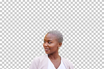 Buy stock photo Thinking, business and black woman with brainstorming, opportunity and decision isolated on transparent background. African person, model and entrepreneur with ideas, choice and planning with png