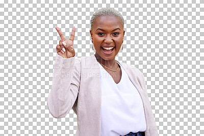 Buy stock photo Woman, smile and peace sign portrait for confident fashion, positive mood or isolated on transparent png background. Black person, happy face and hand gesture for cool attitude, calm or classy outfit