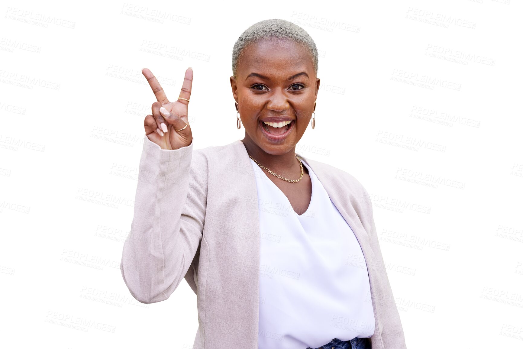 Buy stock photo Woman, smile and peace sign portrait for confident fashion, positive mood or isolated on transparent png background. Black person, happy face and hand gesture for cool attitude, calm or classy outfit