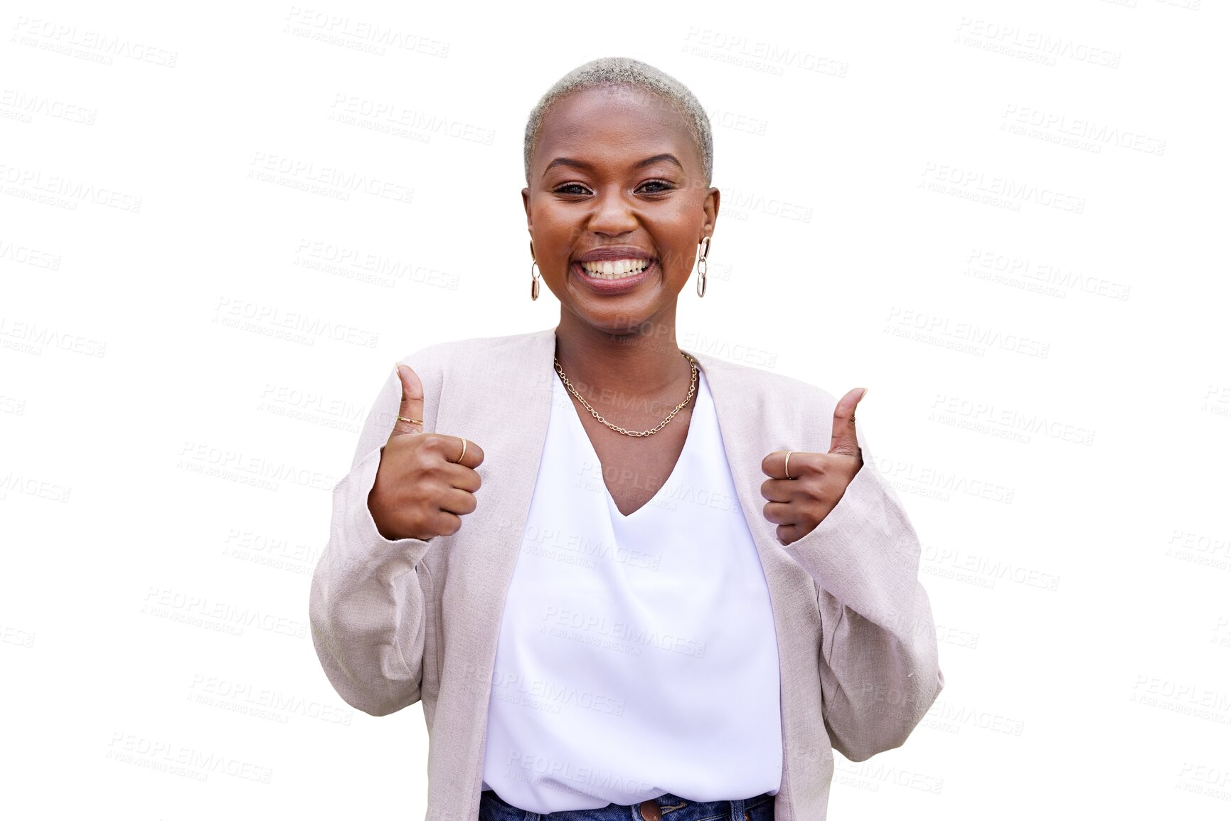 Buy stock photo Portrait, businesswoman and thumbs up with smile for choice, decision or option with announcement. Black person, female entrepreneur and joy by excited emoji on isolated or transparent png background
